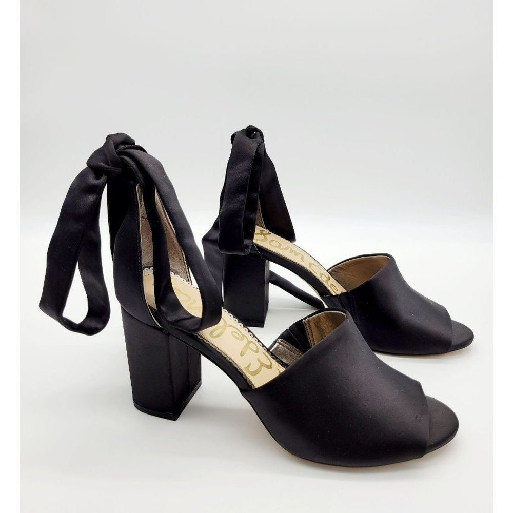 Sam Edelman Black Satin Block Heel Tie Ankle Sandals